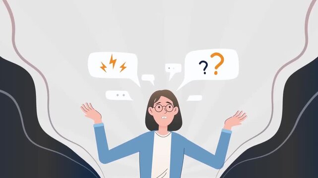 2D animation of a confused stressed business woman shrugging with speech bubbles question marks lightning thoughts