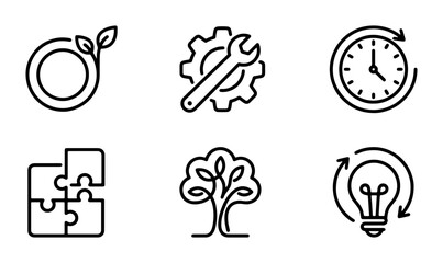 Eco-friendly Icons Set: Sustainability, Innovation, Time Management, Teamwork, Growth, and Energy Efficiency Concepts © Sulaiman