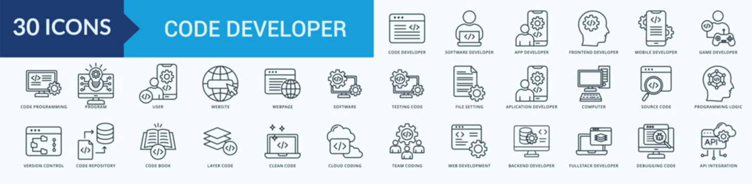 Code Developer Icon Set Illustration Vector Outline Style