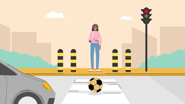 2D animation of a pedestrian woman waiting safely at a crosswalk zebra crossing with traffic light and cars on city road