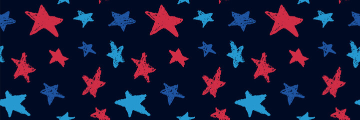 Obraz na płótnie Canvas Patriotic seamless pattern with hand drawn crayon stars. USA flag colors red and blue star on dark background.
