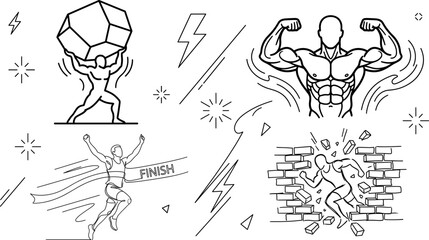 Fototapeta premium Athletic Motivation and Personal Success Icon Set with Strongman Runner and Wall Breakthrough Vector Designs