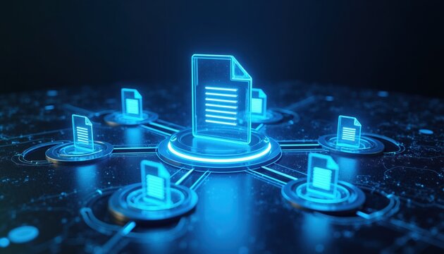 Digital network with glowing neon document icons. Secure data storage and information exchange. Network nodes connect, showing file system management. Technology concept.