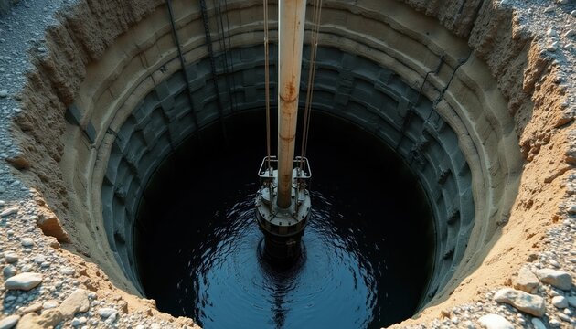 Submersible pump apparatus inside deep circular well shaft with dark water. Equipment lowers by cables above water surface. Rocky earth surrounds the well edge.