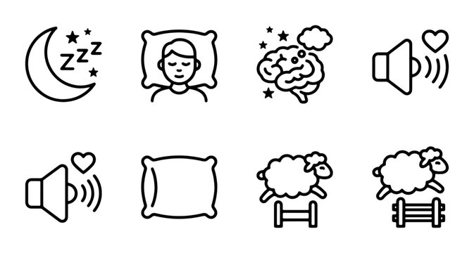 Sleep Icons Set: Moon, Zzz, Person Sleeping, Brain, Sound Waves, Pillow, Jumping Sheep, 8 Vector Graphics for Rest and Relaxation Concepts