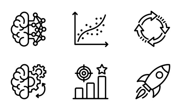 AI Brain Icons, Data Scatter Plot, Circular Arrows, Business Growth Chart, Rocket Launch, Machine Learning Symbols, Vector Set for Technology and Innovation Concepts