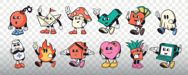 Fototapeta premium Vector of cartoon objects with arms and legs, including a bomb, mushroom, and ghost.