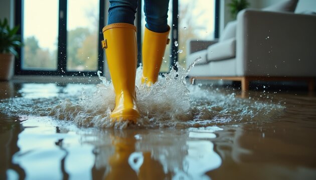 Person wearing yellow boots walks through flood water inside modern home. Water damage spreads across floor, creating large splashes. Furniture is visible in background suggesting indoor setting.