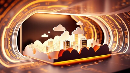 Fototapeta premium Cityscape inside tunnel. Glowing orange lines create futuristic effect. Papercraft style buildings, clouds visible. Dark background enhances contrast.