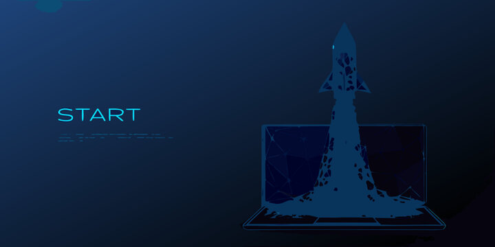 wireframe rocket launch on dark blue background start text spacecraft vehicle astronautics