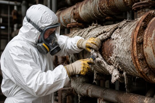 Worker removing asbestos insulation from rusty pipes in protective gear