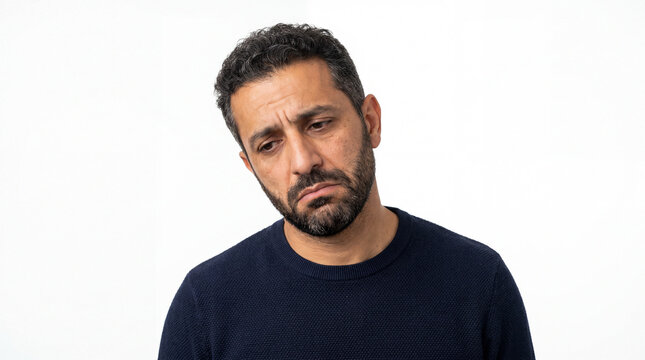 Portrait of a Depressed Middle-Aged Man Looking Down with Sad Expression, Isolated on White Background, Mental Health Concept