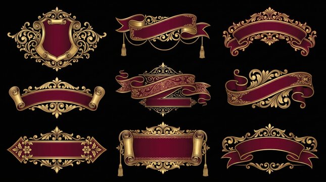 Elegant vintage gold and red banner collection with ornate decorative elements on black background
