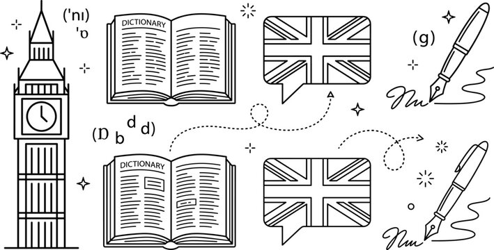 British English Education Icon Set with Big Ben Dictionary and UK Flag Speech Bubble Vector Designs