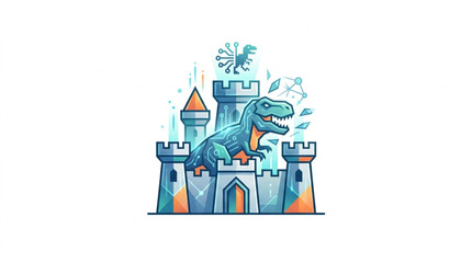 Dinosaur Guarding a Fantasy Castle Illustration. © Akkun