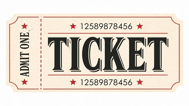 Vintage admit one ticket with serial number and decorative stars on cream background