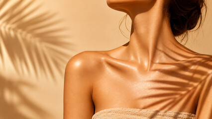 Closeup of a womans glowing tanned skin with palm leaf shadow, summer beauty and skincare concept
