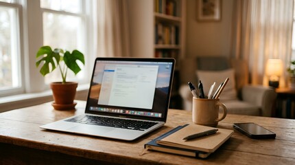 Fototapeta premium Cozy Home Office Setup with Laptop, Notebook, and Plant