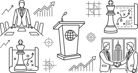 Obraz premium Business Leadership and Strategy Icon Set with Podium Chess Piece and Handshake Line Art Vector Designs