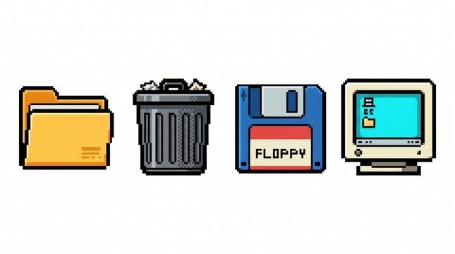 Retro computer icons: folder, trash bin, floppy disk, vintage monitor in pixel art