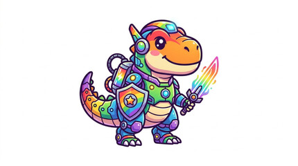 Cute Rainbow Dinosaur Warrior Holding Sword and Shield. © Akkun