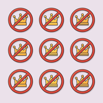 A collection of prohibition signs with a golden crown, on a light background
