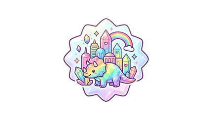 Cute Rainbow Triceratops Dinosaur Among Crystals and City Buildings. © Akkun