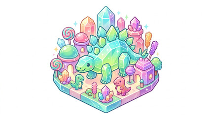 Cute Stegosaurus Dinosaur Surrounded by Colorful Crystals and Candy. © Akkun