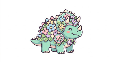 Cute Triceratops Dinosaur Decorated with Flowers. © Akkun