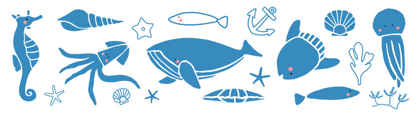 Vector of blue sea creatures and nautical elements on a white background. © Rawpixel.com