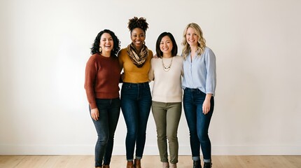 Fototapeta premium Diverse group of four women standing together, smiling, against a white background