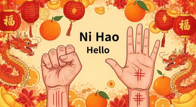 A chinese new year greeting with hands and oranges illustration