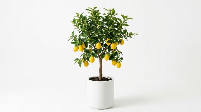 Potted lemon tree with ripe yellow fruit, indoor citrus plant in white ceramic pot, vibrant green foliage and organic home decor isolated PNG with Transparent Background