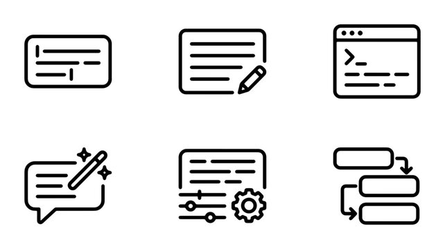 Coding and Development Icons Set: Programming, Workflow, and Text Editing Vector Graphics for Digital Projects