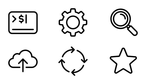 Modern Technology Icons Set: Command Line, Settings Gear, Magnifying Glass Search, Cloud Upload, Refresh Arrows, Star Favorite, Vector Graphics for Digital Applications