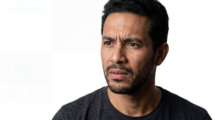 Obraz premium Concerned Middle-Aged Man with Furrowed Brow and Anxious Expression, Studio Portrait of Worried Hispanic Male on White Background