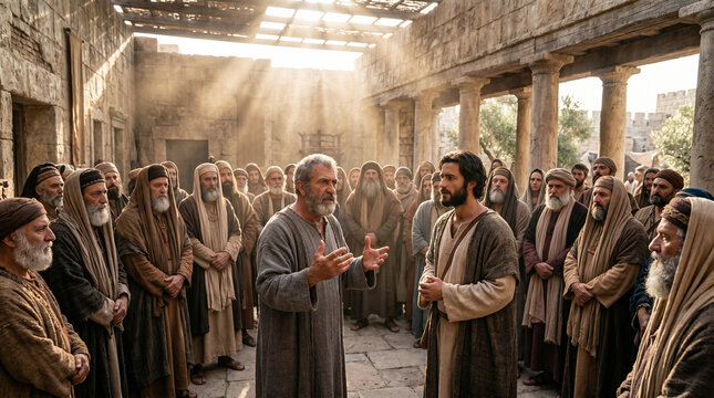 Biblical scene with apostle Peter and John speaking to religious leaders and priests. Apostles answering before elders about their faith. Historical reenactment of the Acts of Apostles