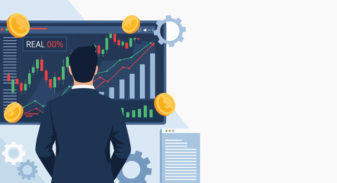 Businessman analyzing stock market charts on digital screen with rising graphs and floating coins, concept for financial investment, trading analysis and economic growth.