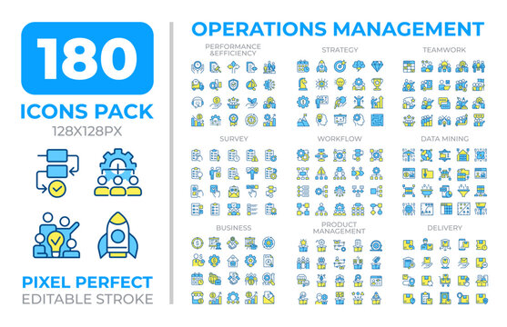 Operations management colorful icons set collection. Administration of business practices. Planning mega pack of flat line symbols, pixel perfect. Isolated vector illustrations. Editable stroke
