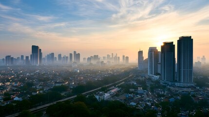 Fototapeta premium A breathtaking view of a modern cityscape silhouetted against a vibrant sunrise sky