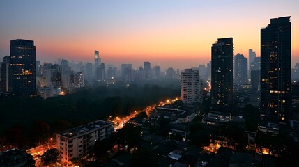 Obraz premium A panoramic view of a bustling city skyline at dusk illuminated by warm evening lights