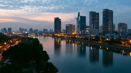 Fototapeta premium A breathtaking view of a modern city skyline reflected in calm water during the atmospheric twilight hours