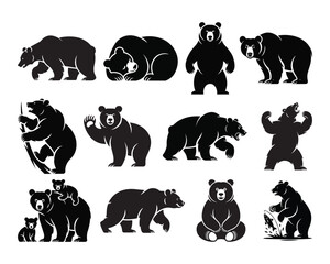 American Black Bear Silhouette Vector Set – Wild Bear Family, Cubs, and Predator Poses Clipart Bundle © Toufik