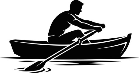 Man rowing a boat with a single oar on calm water  solo rower silhouette © NurA