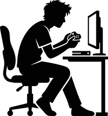 Man sitting on chair playing video game on computer with controller © NurA
