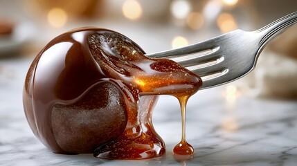 Fototapeta premium Chocolate dessert sphere with melted caramel oozing out, fork resting beside it on a marble surface, blurred lights in the background creating a warm ambiance