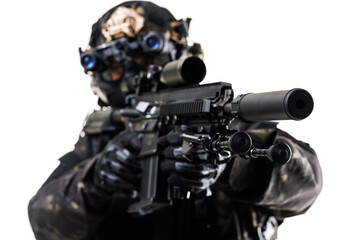 Obraz premium Tactical Soldier in Combat Gear Equipped with Advanced Weaponry