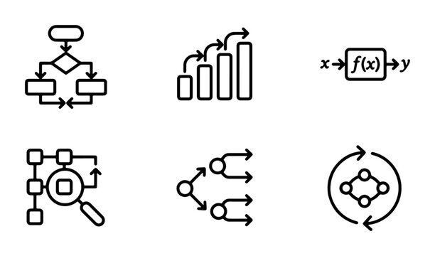 Algorithm Icons Set, Flowchart Symbols, Data Structure Graphics, Process Diagrams, Logic Flow Charts, Machine Learning Visuals, 6 Vector Elements