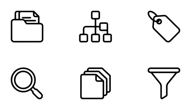 Data Organization Icons: Folder, Hierarchy, Tag, Search, Documents, Filter, Vector Set for Information Management and Analytics