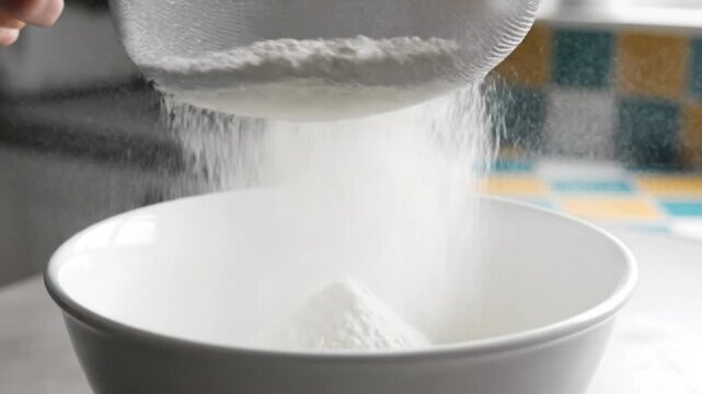 Sifting flour with a strainer into a white bowl for baking in a bright kitchen with colorful tiles